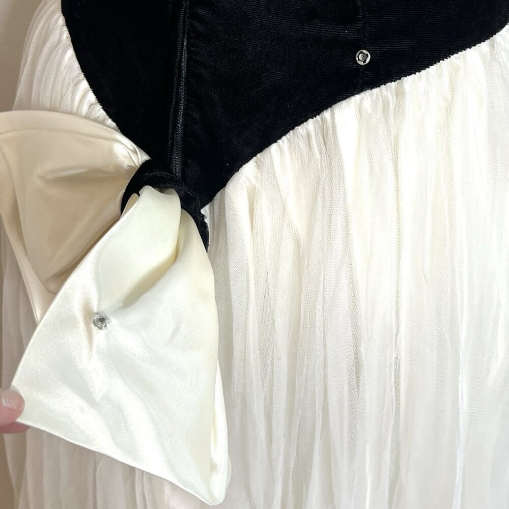 Vintage 1980s Black Velvet Tulle Retro Party Dress Small Puff Sleeve Bow Prom - Picture 8 of 11